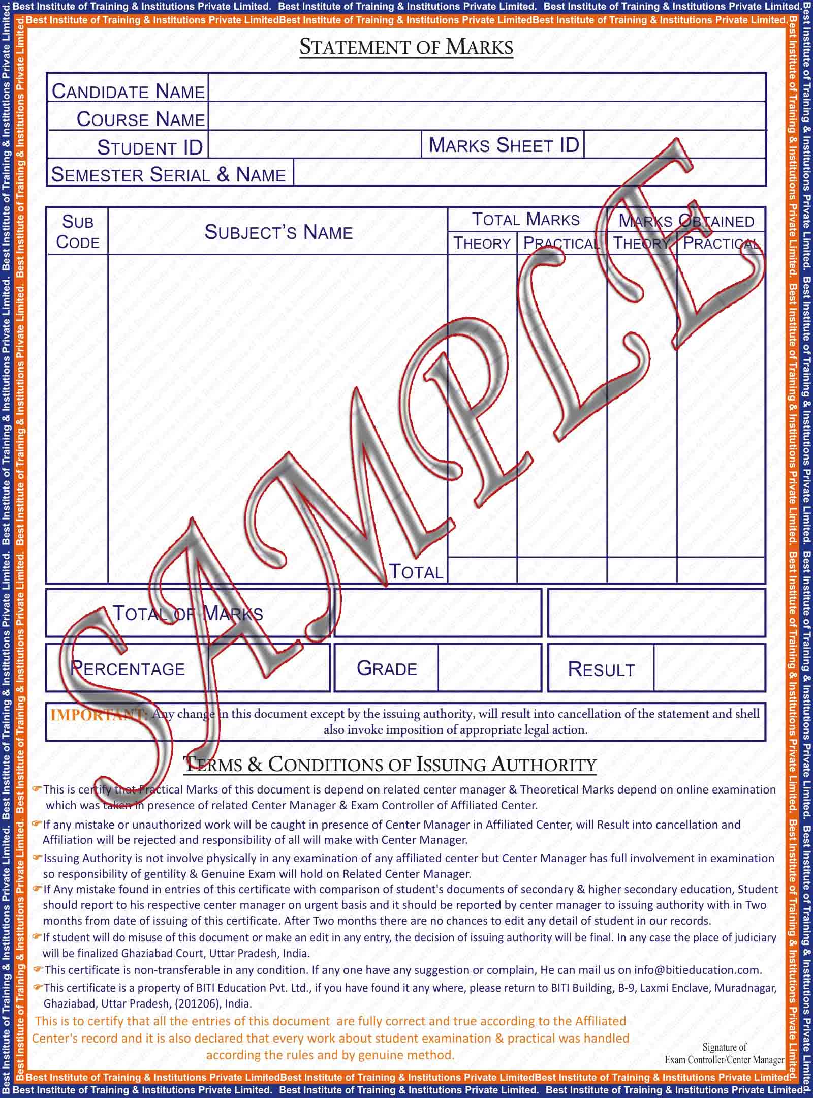 BITI Student Marksheet Sample