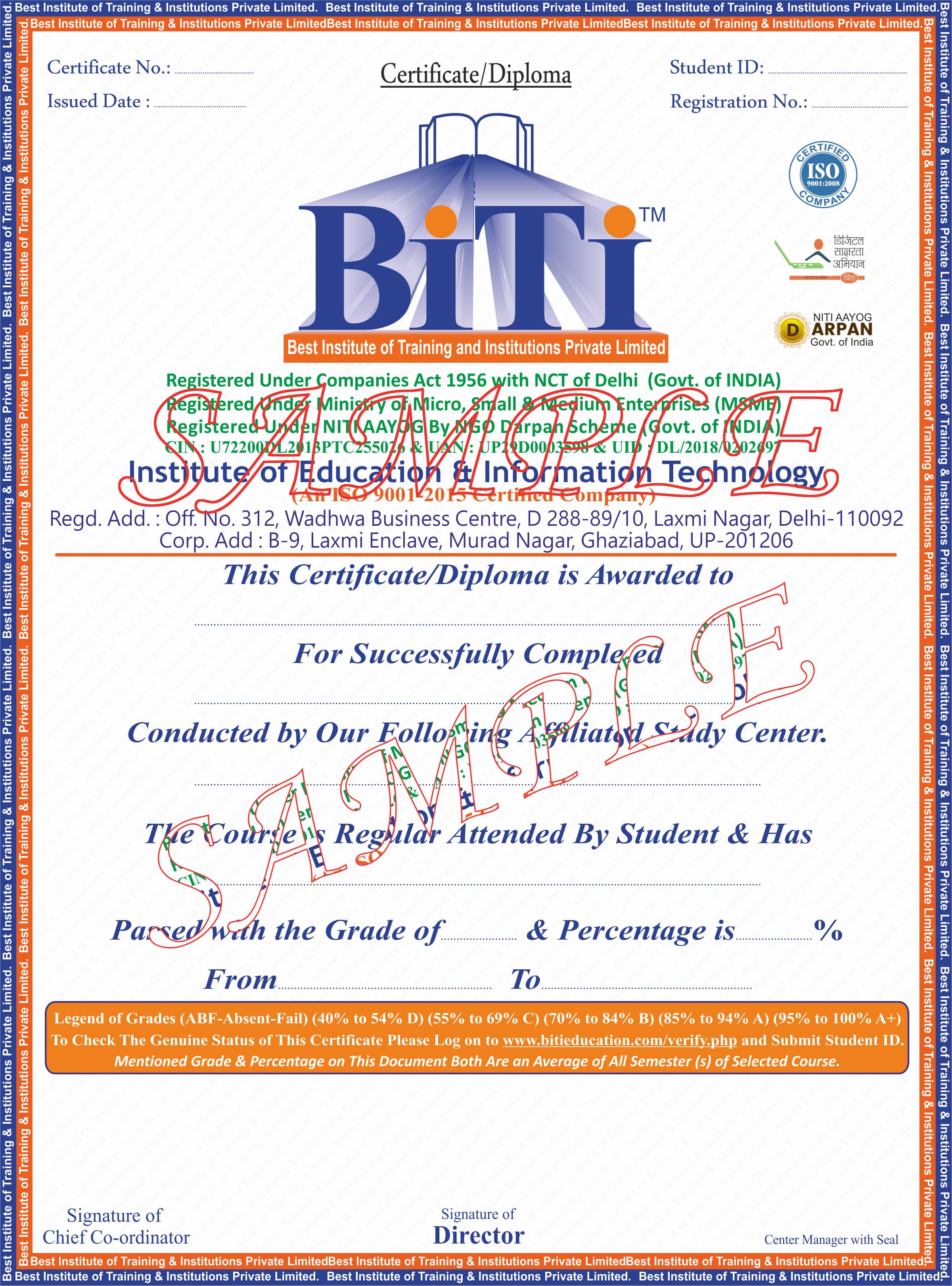 BITI Student Certificate Sample